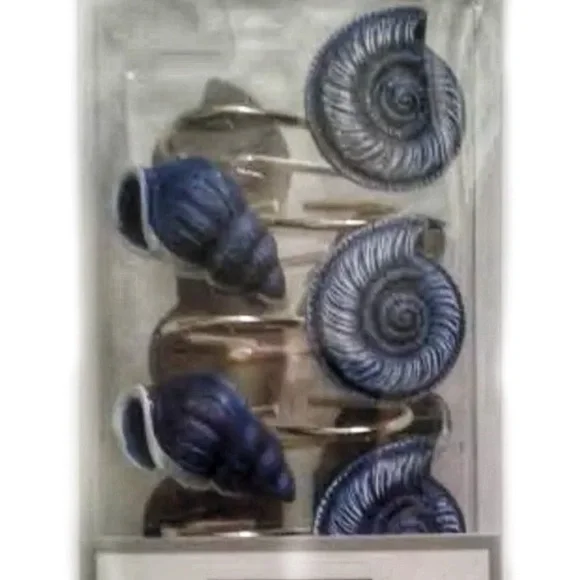 Coastal Ocean Seashell Shower Hooks Blue White Beachy Decor Set of 12 - Picture 4 of 11